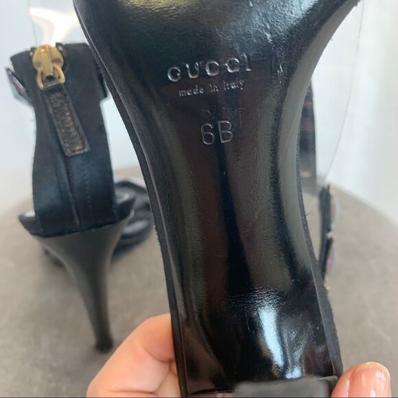 Gucci PINK & PURPLE IRIDESCENT JEWELED BLACK STRAPPY HEELED SANDAL Sz 6 rainbow - Picture 6 of 9